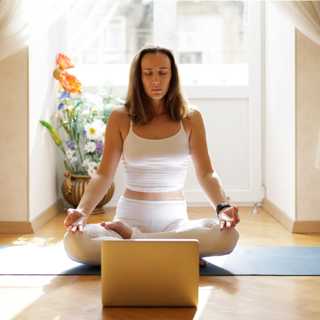 Online yoga meditation woman in lotus pose background